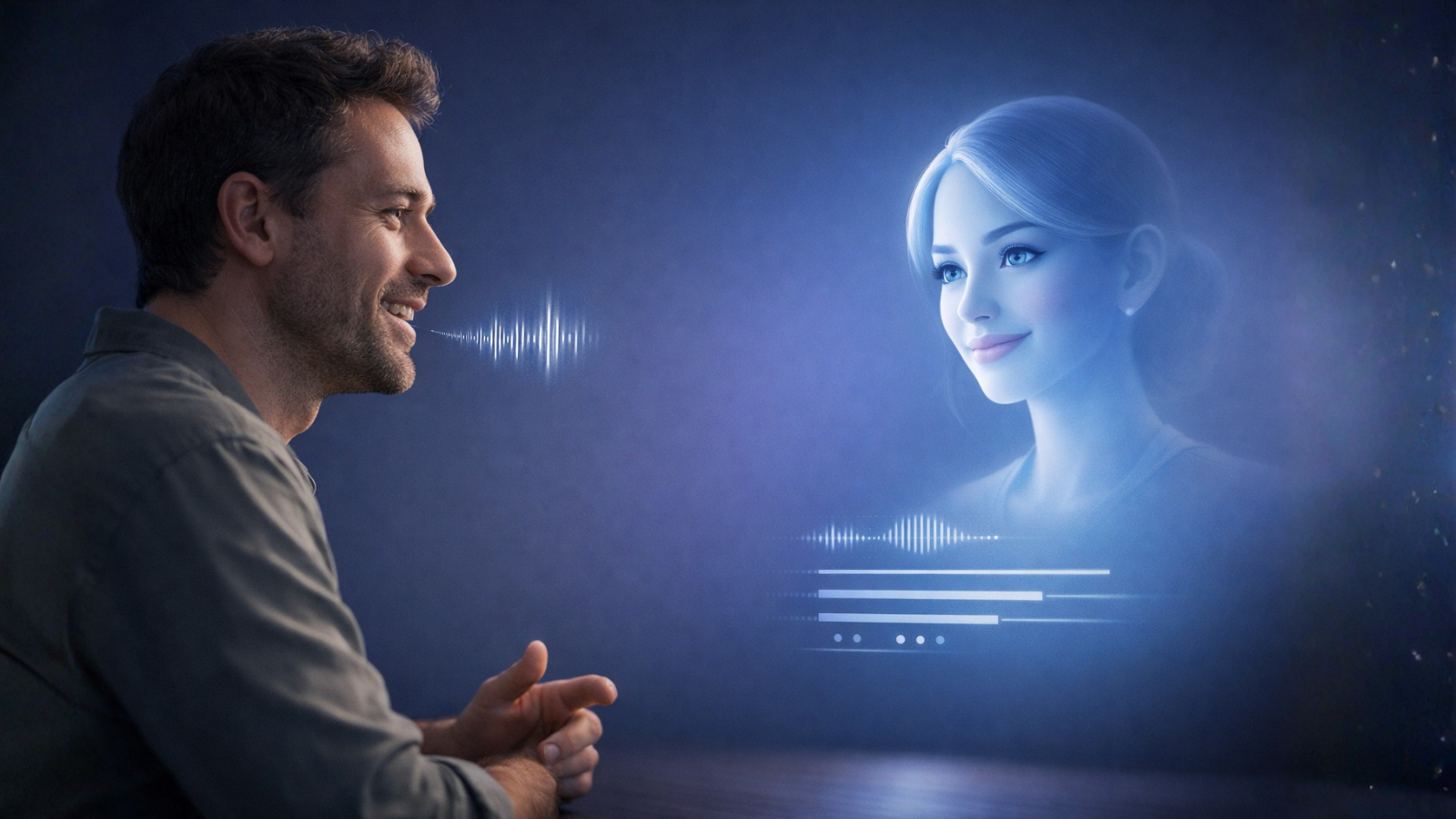 A person talking to a virtual Ai assistant instead of typing for note taking and other tasks.